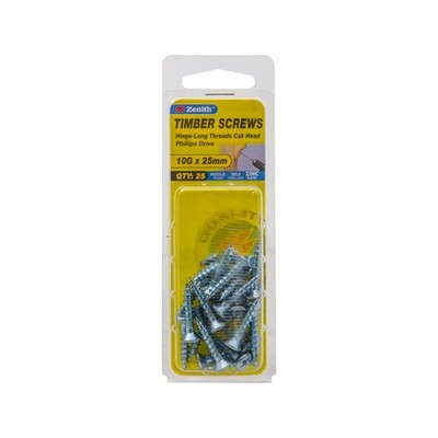 Zenith 10G x 25mm Zinc Plated Countersunk Head Wood Screws - 25 pieces
