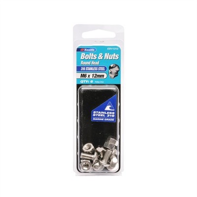 Zenith M6 x 12mm 316 Stainless Steel Round Head Bolt And Nut - 6 pieces
