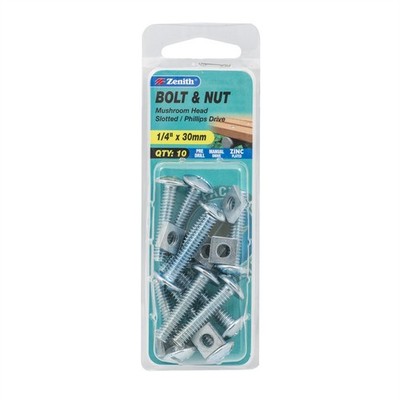 Zenith 1/4" x 30mm Zinc Plated Mushroom Head Bolt And Nut - 10 pieces