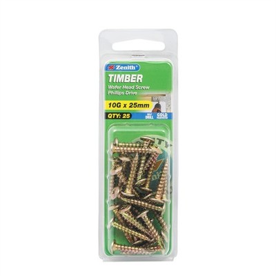 Zenith 10G x 25mm Gold Passivated Wafer Head Timber Screws - 25 pieces