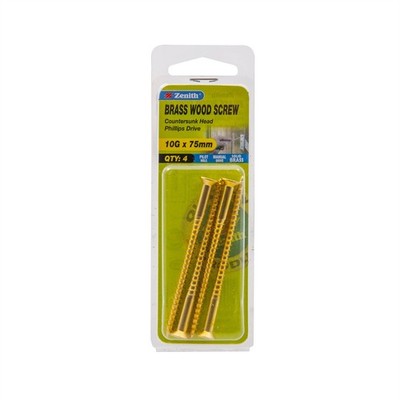 Zenith 10G x 75mm Solid Brass Countersunk Head Wood Screws - 4 pieces