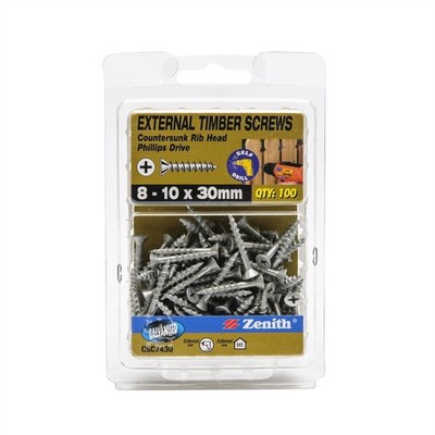 Zenith 8 - 10 x 30mm Galvanised Countersunk Rib Head Timber Screws - 100 pieces