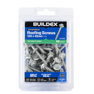 Buildex 12G x 45mm Class 3 Cladding Screws with Seal - 50 pieces