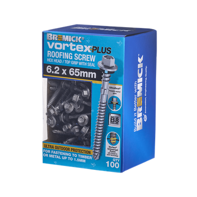 Bremick 6.2 x 65mm HEX B8 Vortex Plus Roofing Screw - 100 Box