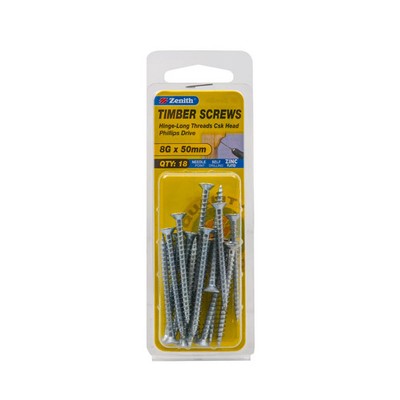 Zenith 8G x 50mm Zinc Plated Hinge-Long Threads Countersunk Head 2 pieces