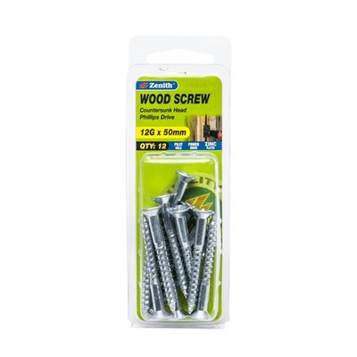 Zenith 12G x 50mm Zinc Plated Countersunk Head Wood Screws 2 pcs