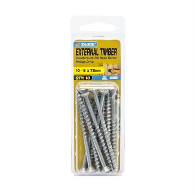 Zenith 10 - 8 x 75mm Galvanised Countersunk Rib Head External Timber 2 pcs