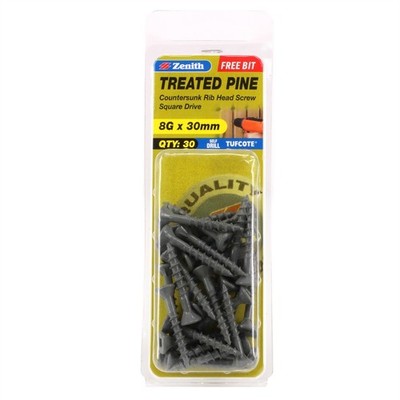 Zenith 8G x 30mm Tufcote® Countersunk Rib Head Treated Pine Screws 2 pcs