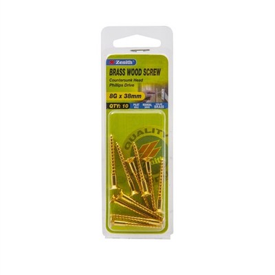 Zenith 8G x 38mm Solid Brass Countersunk Head Wood Screws - 10 pieces