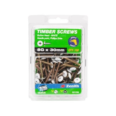 Zenith 8G x 30mm White Button Head Screw - 100 pieces
