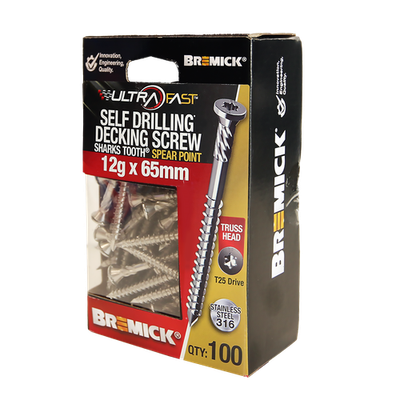 Bremick Ultrafast 12g x 65mm Stainless Steel 316 T25 Truss Head - 100 pieces
