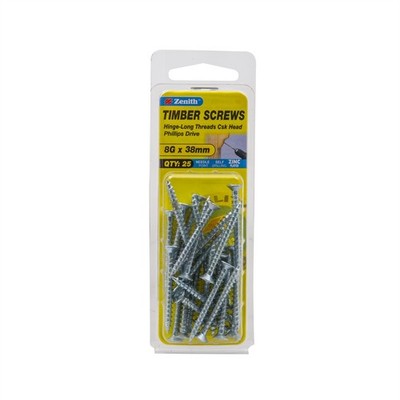 Zenith 8G x 38mm Zinc Plated Hinge-Long Threads Countersunk Head 2 pieces