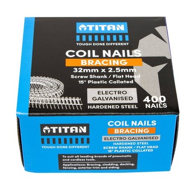Titan 32 x 2.5mm Hardened Electro Galvannised Collated Coil Nail Screw - 400 Pac