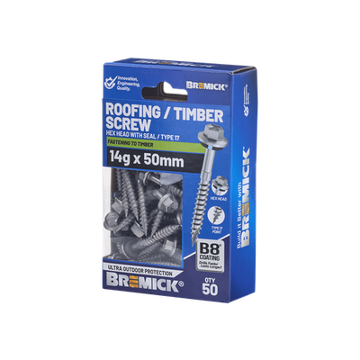 Bremick Hex Roofing Screw 14g x 50mm B8 BOX 50