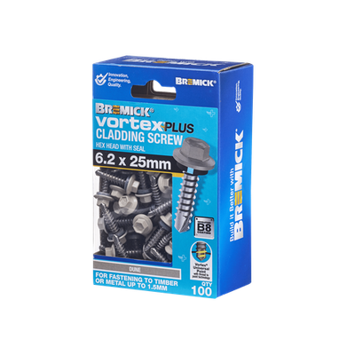 Bremick Vortex Plus Cladding Screw 6.2 x 25mm HEX B8 DU BOX 100