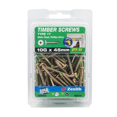 Zenith 10G x 45mm Gold Passivated Type 17 Wafer Head Timber Screws - 50 pieces