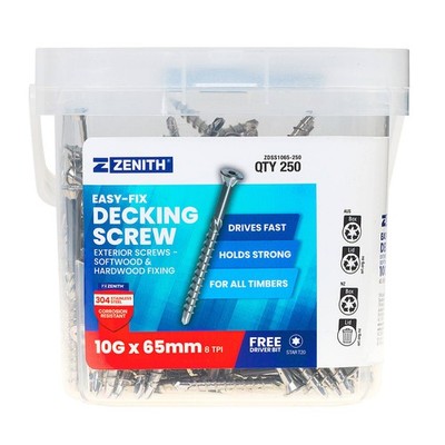 Zenith Easy-Fix Decking Screw T20 10G x 65mm SS304 - 250 pieces