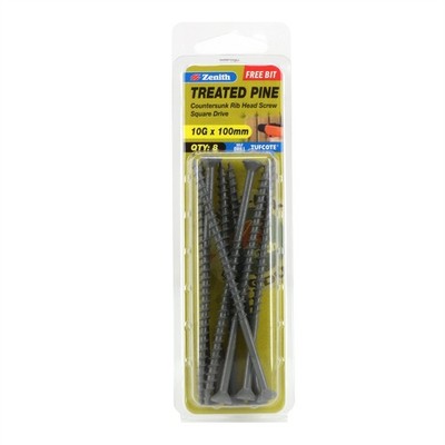 Zenith 10G x 100mm Tufcote® Countersunk Rib Head Treated Pine Screws - 8 pieces