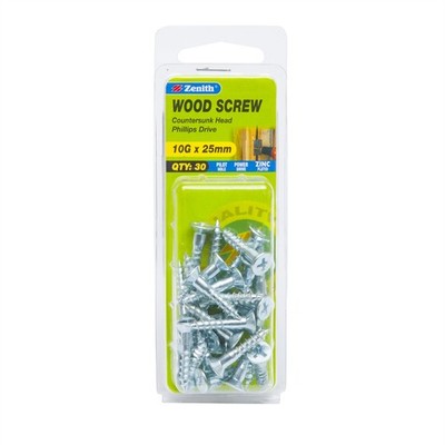 Zenith 10G x 25mm Zinc Plated Countersunk Head Wood Screws 2 pcs