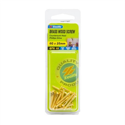 Zenith 6G x 25mm Solid Brass Countersunk Head Wood Screws - 15 pieces