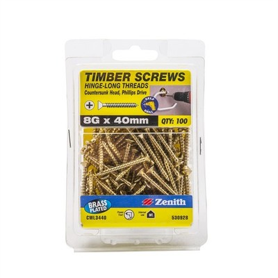 Zenith 8G x 40mm Brass Plated Hinge-Long Thread Countersunk Head Timber Screws -
