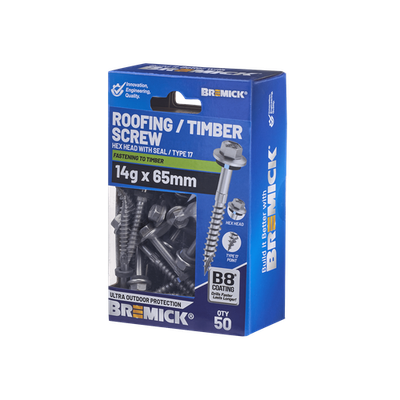 Bremick 14g x 65mm B8 Hex Roofing Screw - 50 pieces