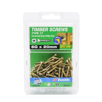 Zenith 6G x 20mm Gold Passivated Type 17 Countersunk Head Timber Screws - 100 Pa