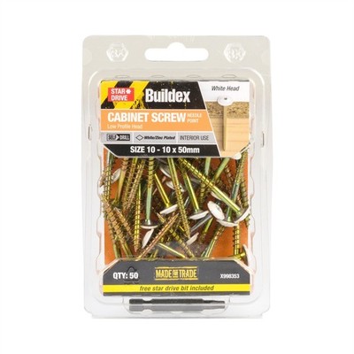 Buildex® 10 - 10 x 50mm White Star Head Cabinet Screw - 50 pieces