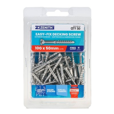 Zenith Easy-Fix Decking Screw T20 10G x 50mm SS304 - 50 pieces