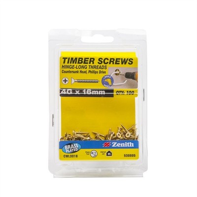 Zenith 4G x 16mm Brass Plated Hinge-Long Thread Countersunk Head Timber Screws -