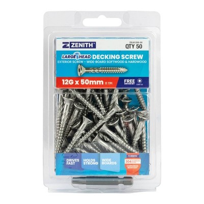 Zenith Large Head Decking Screw T25 12G x 50mm SS304 - 50 pieces
