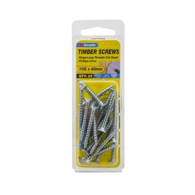 Zenith 10G x 40mm Zinc Plated Hinge-Long Threads Countersunk Head 2 pieces