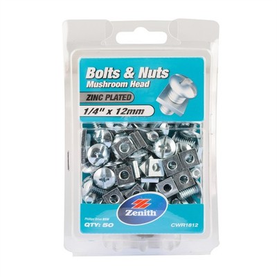 Zenith 1/4" x 12mm Zinc Plated Mushroom Head Bolts And Nuts - 50 pieces