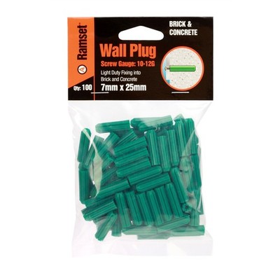 Ramset 7 x 25mm Green Wall Plugs - 100 pieces