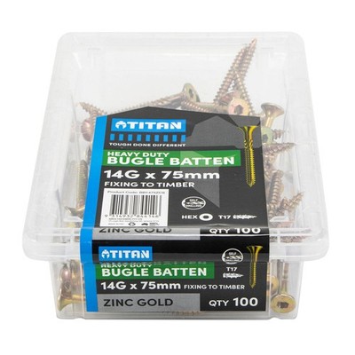 Titan 14g x 75mm Zinc Gold Timber Bugle Batten Screw - 100 pieces