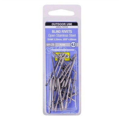 Otter 3.2 x 4.8mm Open Stainless Steel Blind Rivets - 25 pieces