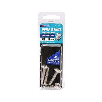 Zenith M6 x 30mm 316 Stainless Steel Mushroom Head Bolt And Nut - 3 pieces