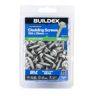 Buildex 12G x 25mm Class 3 Cladding Screws with Seal - 100 pieces