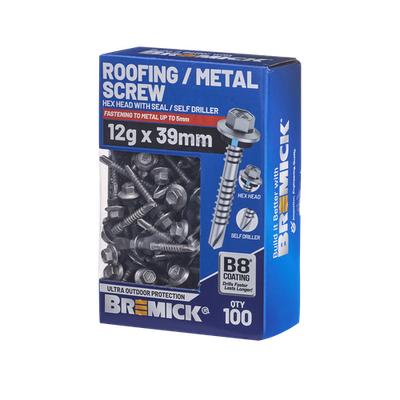Bremick Hex Roofing Screw 12g x 39mm B8 PK100