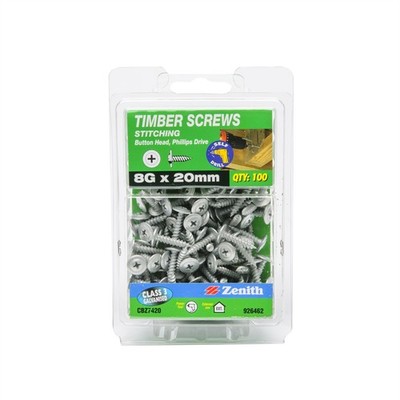 Zenith 8G x 20mm Galvanised Button Head Stitching Timber Screws - 100 pieces