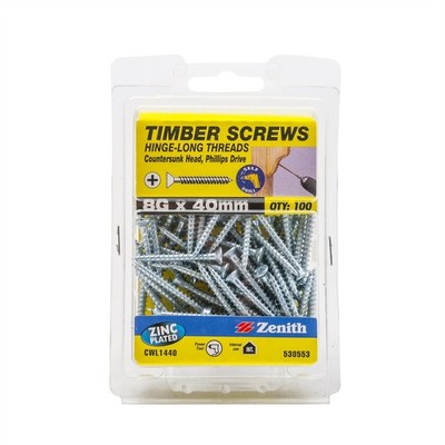 Zenith 8G x 40mm Zinc Plated Hinge-Long Thread Countersunk Head Timber Screws -