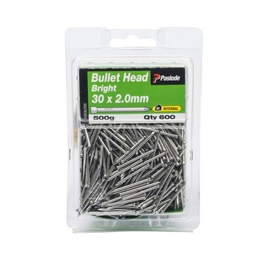 Paslode 30 x 2.0mm 500g Bright Steel Bullet Head Nails - 600 pieces