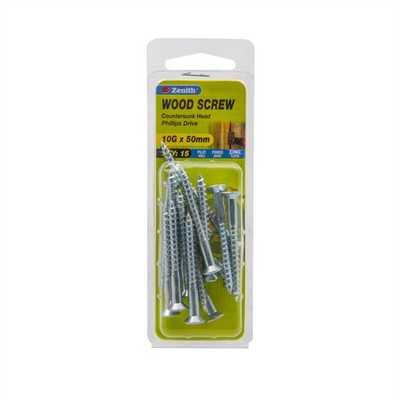 Zenith 10G x 50mm Zinc Plated Countersunk Head Wood Screws 2 pcs