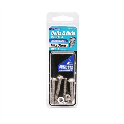 Zenith M6 x 35mm 316 Stainless Steel Round Head Bolt And Nut - 4 pieces