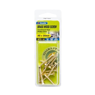 Zenith 8G x 30mm Brass Countersunk Head Wood Screws - 12 pieces
