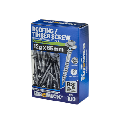 Bremick Hex Roofing Screw 12g x 65mm B8 PK100
