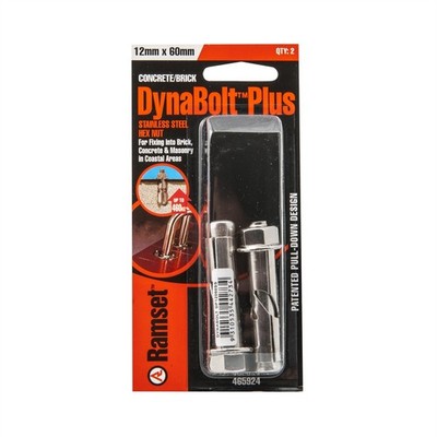Ramset 12 x 60mm Stainless Steel DynaBolt Plus Hex Head Bolt - 2 pieces