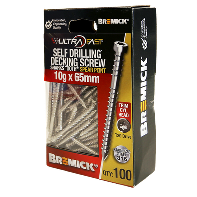 Bremick Ultrafast 10g x 65mm Stainless Steel 316 T20 Trim Head - 100 pieces