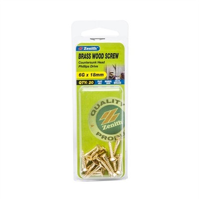 Zenith 6G x 18mm Solid Brass Countersunk Head Wood Screws - 20 pieces