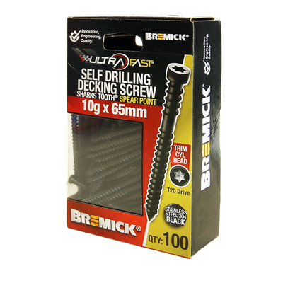 Bremick Ultrafast 10g x 65mm Stainless Steel 304 Black T20 Trim - 100 pieces